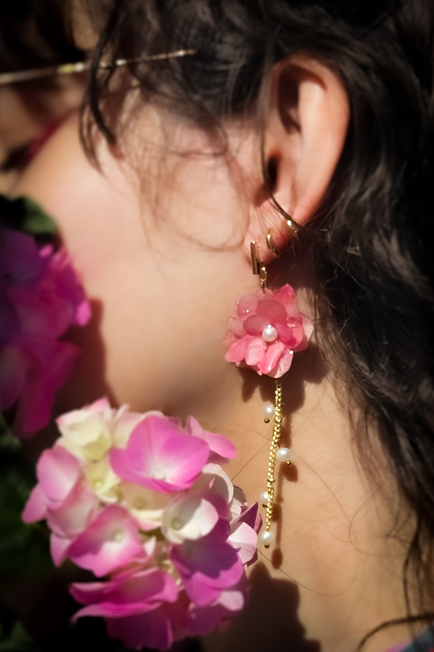 Layered Larkspur and Pearl Drop Earrings