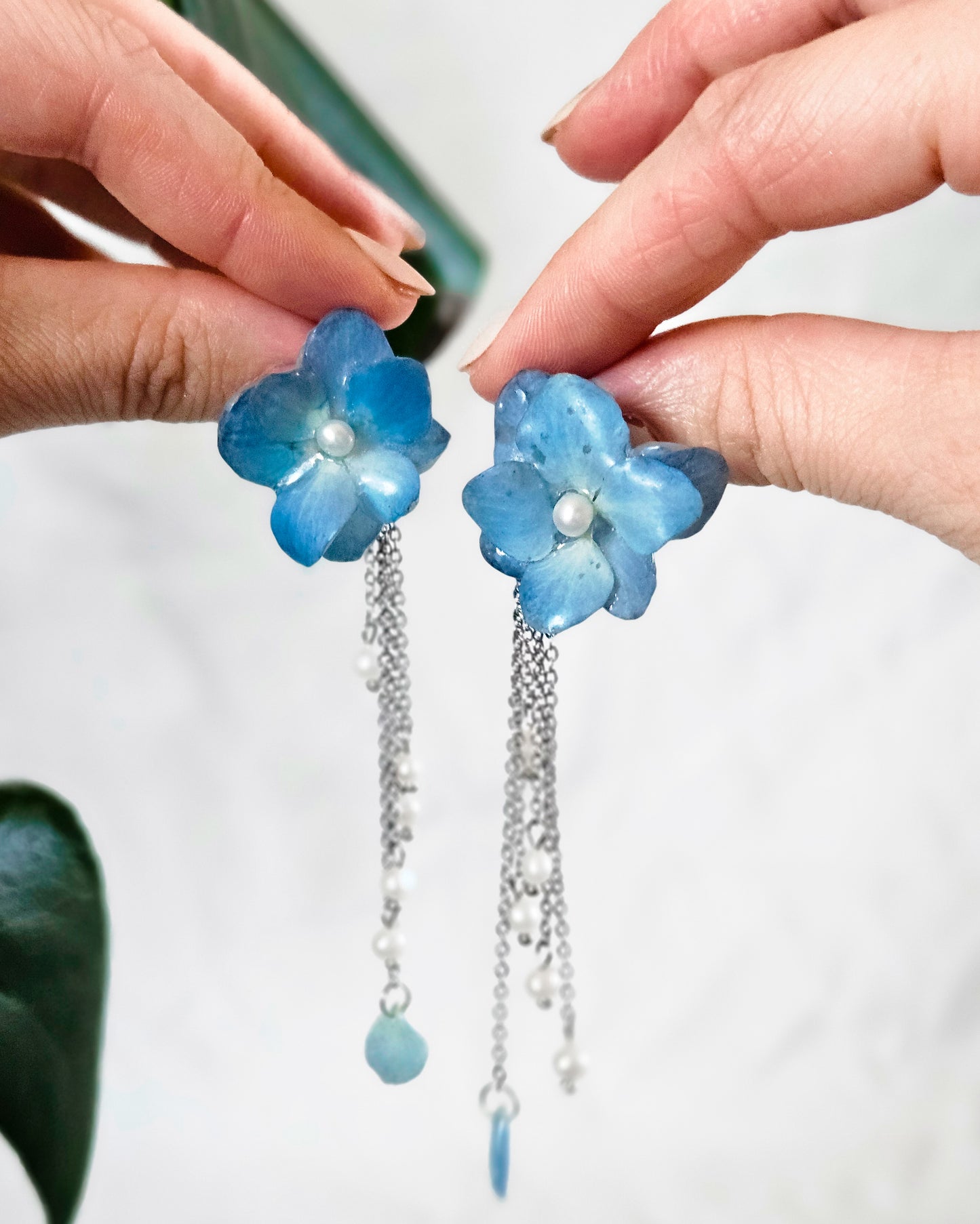 Pale Blue Petal and Pearl Chandelier Earrings