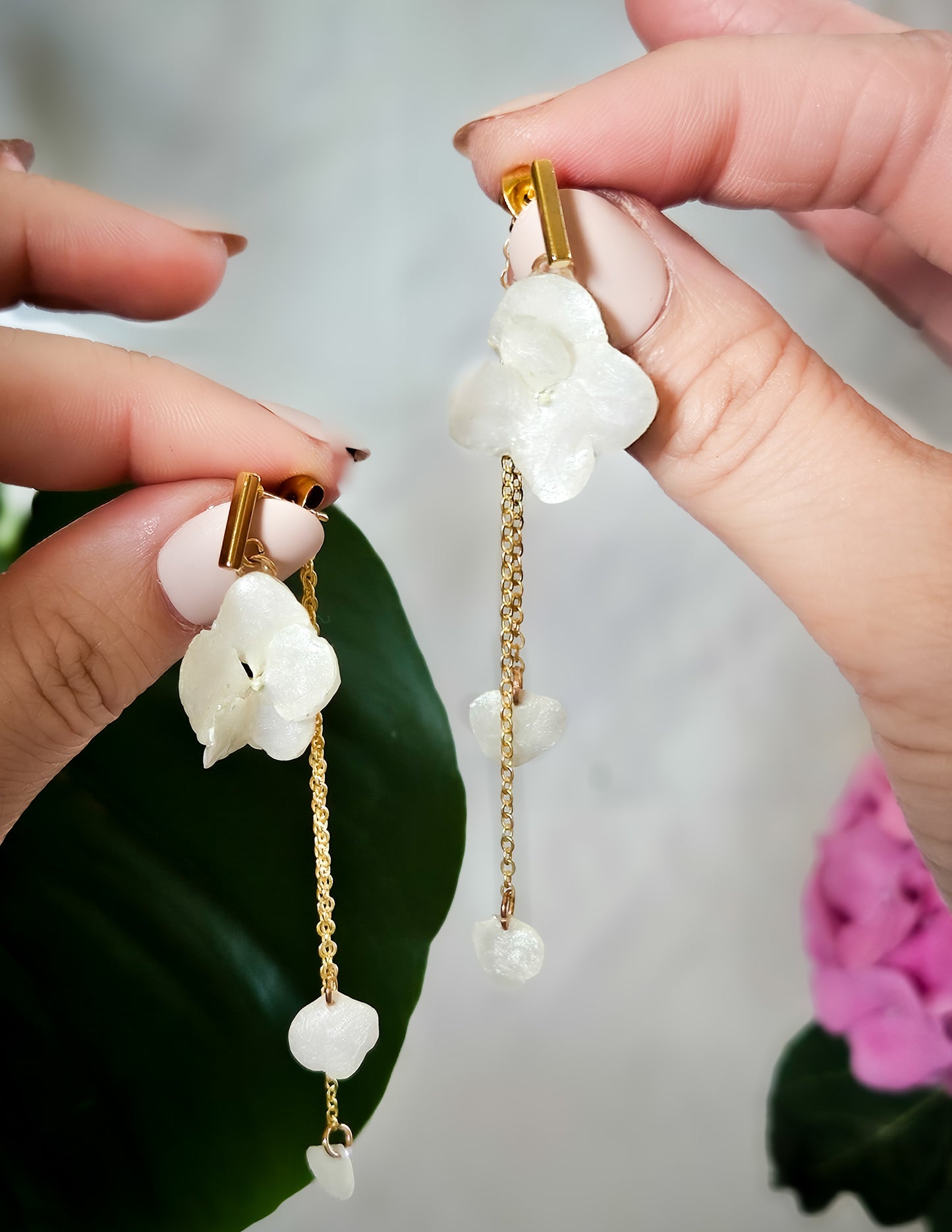 White Hydrangea Double Drop Petal Earrings