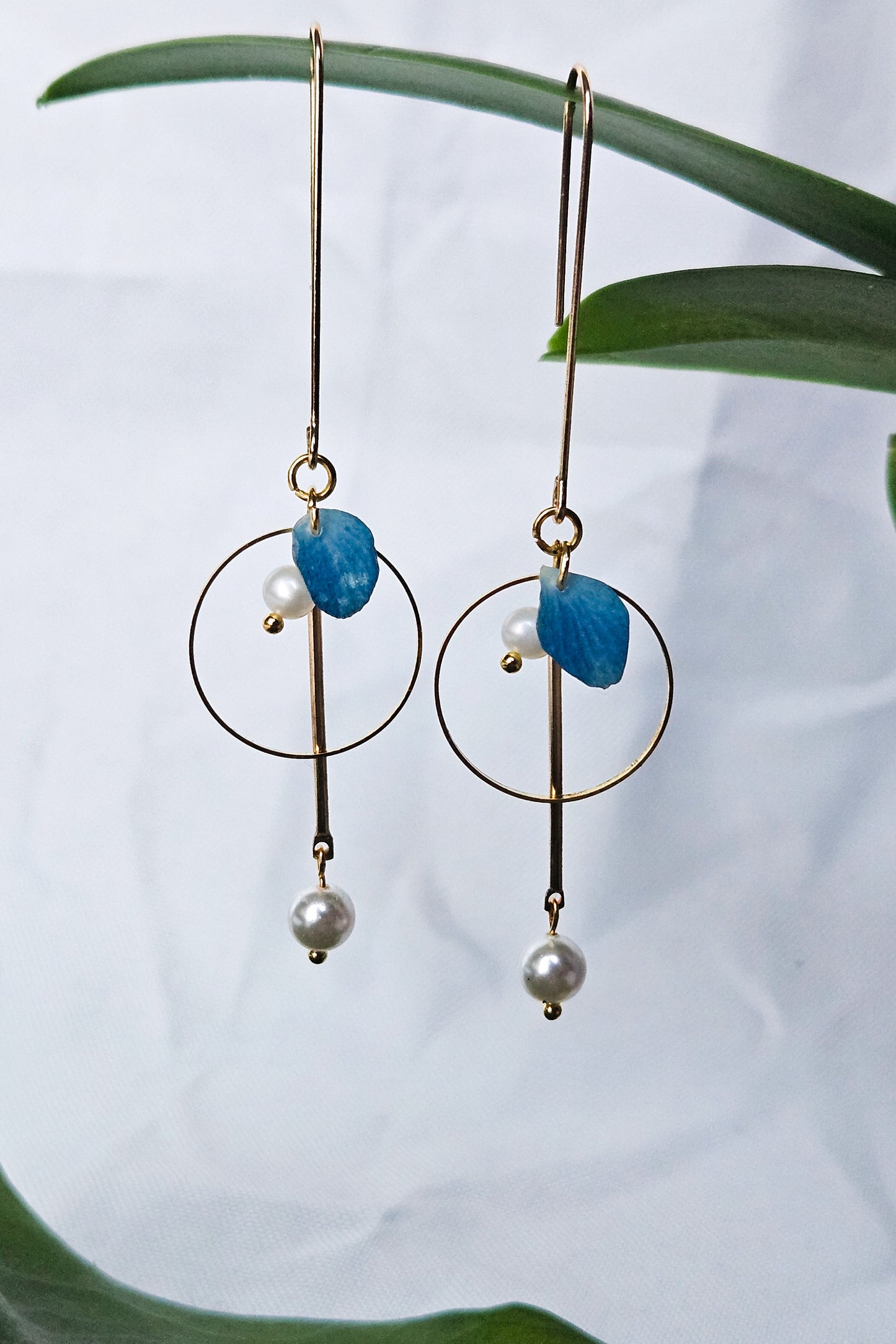 Dainty Bar Drop Petal and Pearl Earrings