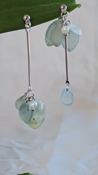 Asymmetrical Drop Hydrangea Petal and Pearl Earrings