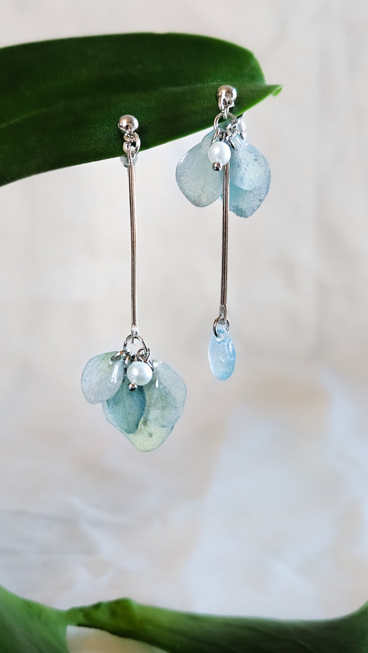 Asymmetrical Drop Hydrangea Petal and Pearl Earrings