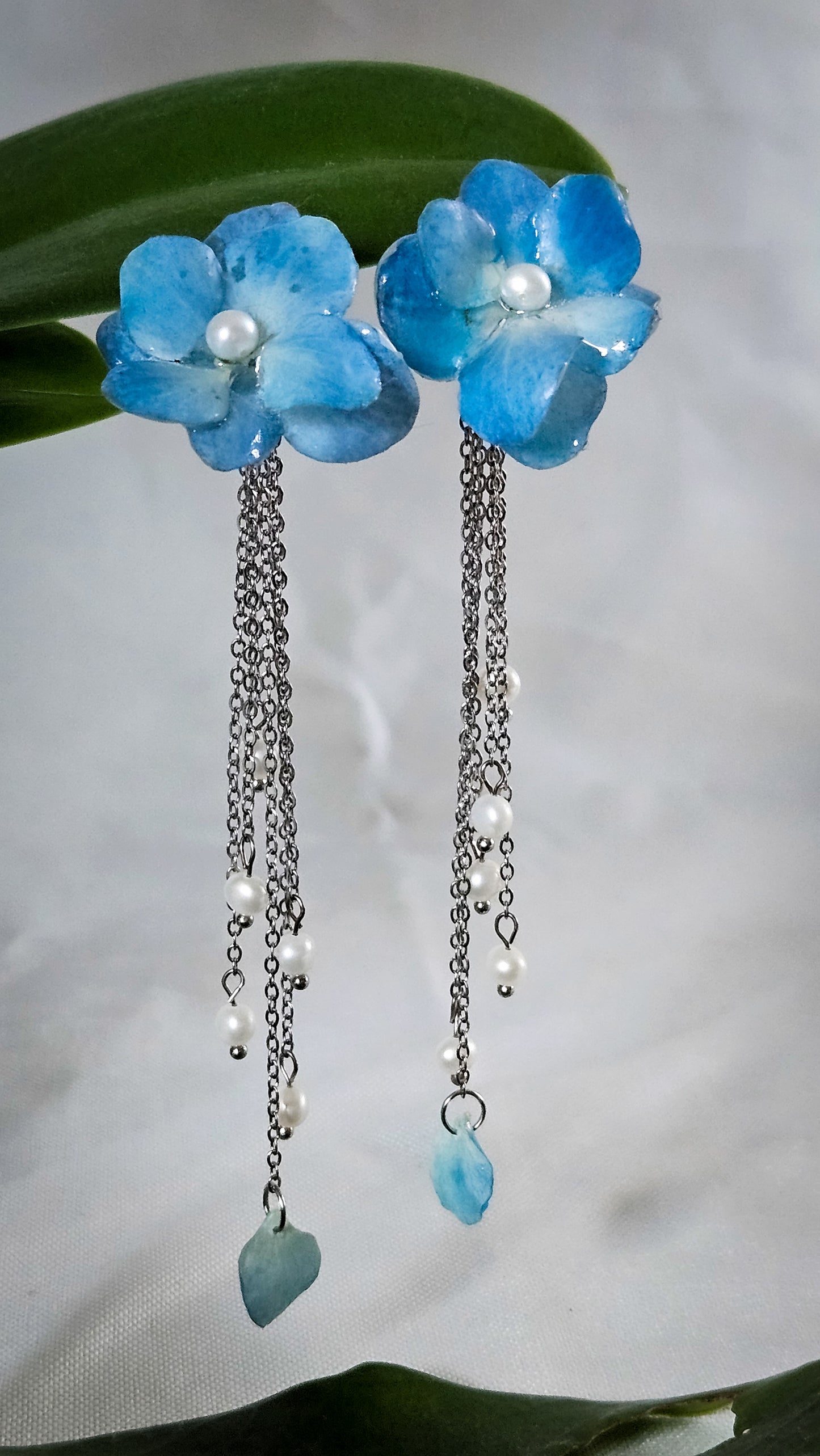 Pale Blue Petal and Pearl Chandelier Earrings