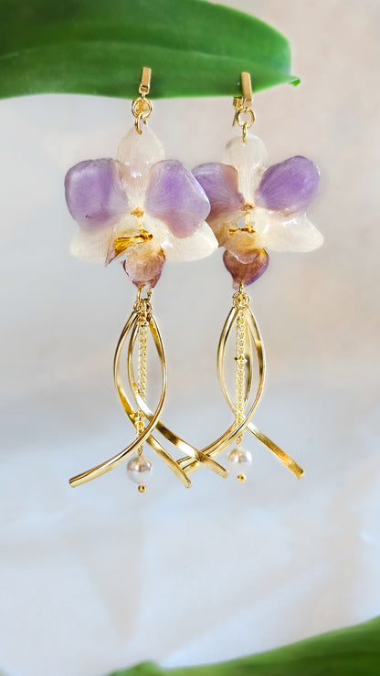 Orchid and Pearl Dangle Earrings