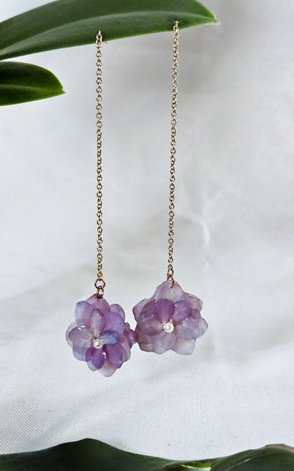 Long Drop Purple Hydrangea Earrings