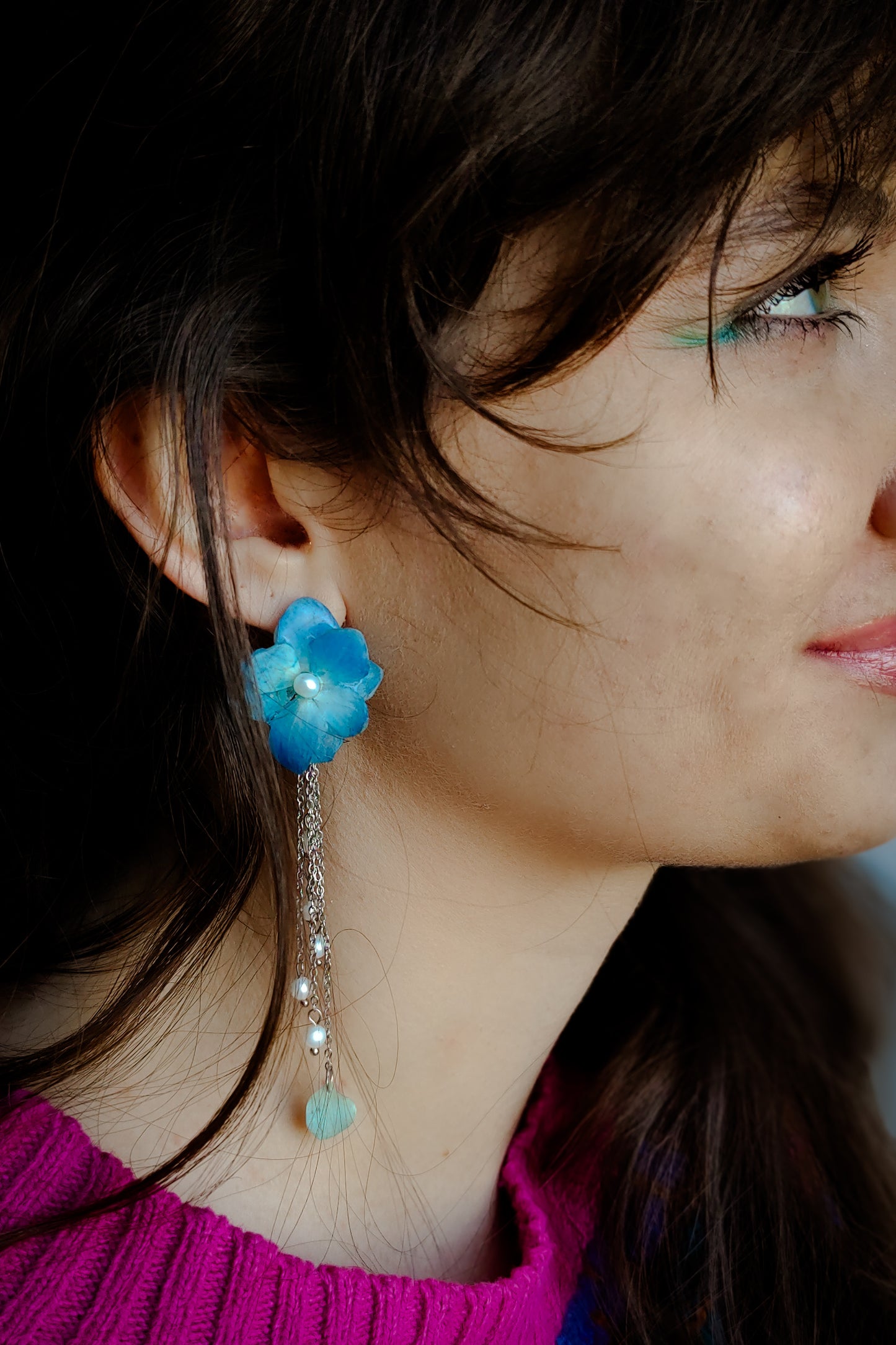 Pale Blue Petal and Pearl Chandelier Earrings